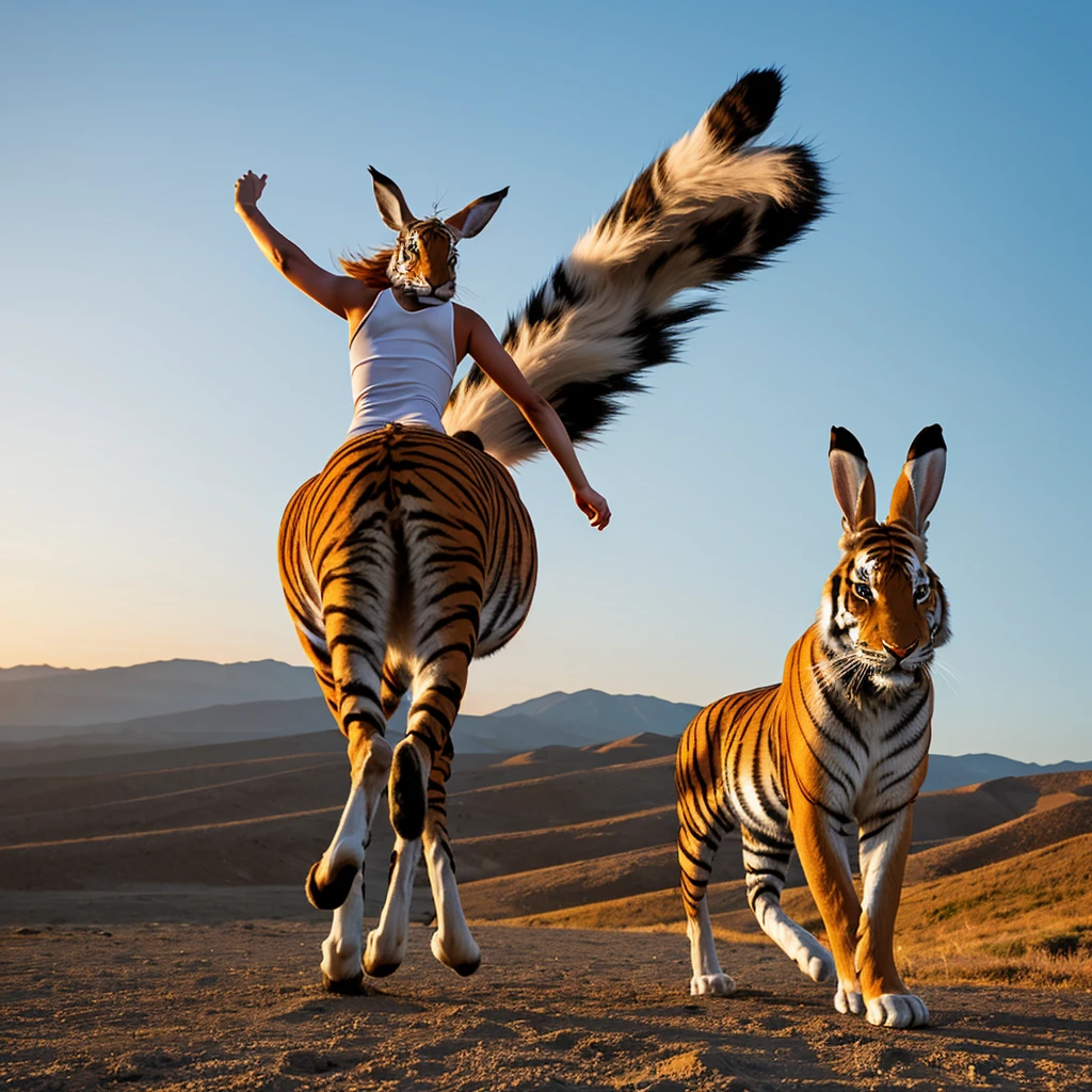 Generate cartoon images with a sharp rabbit in front, a sharp horse on the left back of the rabbit, a sharp tiger on the right back of the rabbit, and a silver dawn background