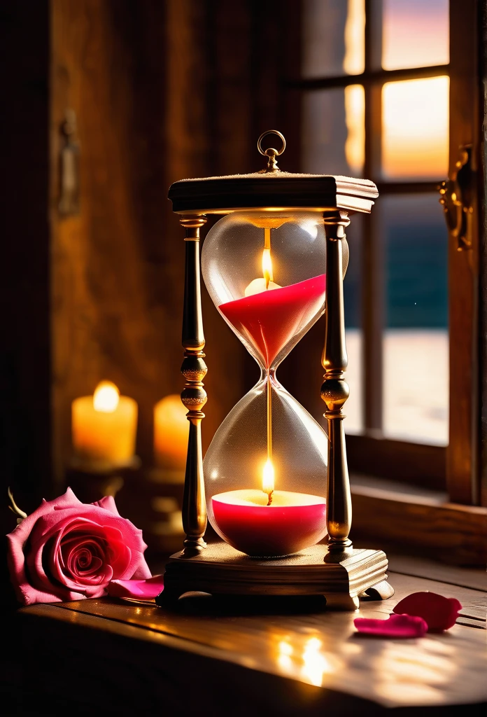 "A golden hourglass placed on an antique wooden table, with fine, glistening grains of sand slowly falling from one chamber to the next. Around the hourglass, there are scattered rose petals, an open pocket watch and a lit candle, creating a welcoming and nostalgic atmosphere. Ao fundo, a window lets in the soft evening light, highlighting the serenity and beauty of the moment."