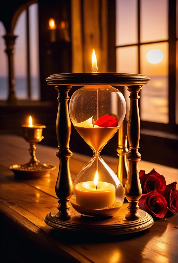 "A golden hourglass placed on an antique wooden table, with fine, glistening grains of sand slowly falling from one chamber to the next. Around the hourglass, there are scattered rose petals, an open pocket watch and a lit candle, creating a welcoming and nostalgic atmosphere. Ao fundo, a window lets in the soft evening light, highlighting the serenity and beauty of the moment."