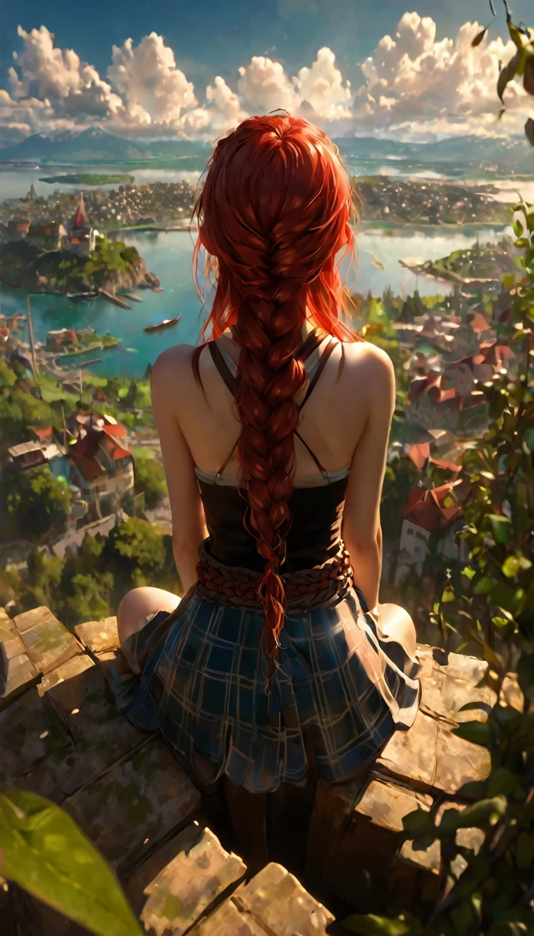 This image represents a beautiful scene from the fantasy world. It is during the day or early afternoon and the atmosphere is calm and great. In the foreground a female character appears sitting with her back to the viewer. She has long red braided hair and wears a plaid miniskirt with stockings and a tank top, very sexy, rope belt. In the background, we see a magnificent city built on a steep mountain or island. The city's architecture is reminiscent of the Middle Ages and the Renaissance, characterized by tall spiers and dense buildings and futuristic elements. High above the city, there are buildings that look like castles and palaces that rise above the rest. Below the city, there are lush green fields and scattered small buildings, which may be farms or towns. The landscape is lush and green with trees surrounding the settlements. Several ships are anchored at the foot of the mountains and islands, suggesting that the city is an important port city. The sky is light blue with very few clouds, indicating that it is daytime or early afternoon. The overall atmosphere is calm and grand, suggesting stories of adventure, exploration, or political intrigue in this fantasy world (art inspired by Bill Sienkiewicz). oil painting)