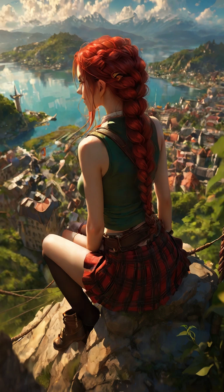 This image represents a beautiful scene from the fantasy world. It is during the day or early afternoon and the atmosphere is calm and great. In the foreground a female character appears sitting with her back to the viewer. She has long red braided hair and wears a plaid miniskirt with stockings and a tank top, very sexy, rope belt. In the background, we see a magnificent city built on a steep mountain or island. The city's architecture is reminiscent of the Middle Ages and the Renaissance, characterized by tall spiers and dense buildings and futuristic elements. High above the city, there are buildings that look like castles and palaces that rise above the rest. Below the city, there are lush green fields and scattered small buildings, which may be farms or towns. The landscape is lush and green with trees surrounding the settlements. Several ships are anchored at the foot of the mountains and islands, suggesting that the city is an important port city. The sky is light blue with very few clouds, indicating that it is daytime or early afternoon. The overall atmosphere is calm and grand, suggesting stories of adventure, exploration, or political intrigue in this fantasy world (art inspired by Bill Sienkiewicz). oil painting)
