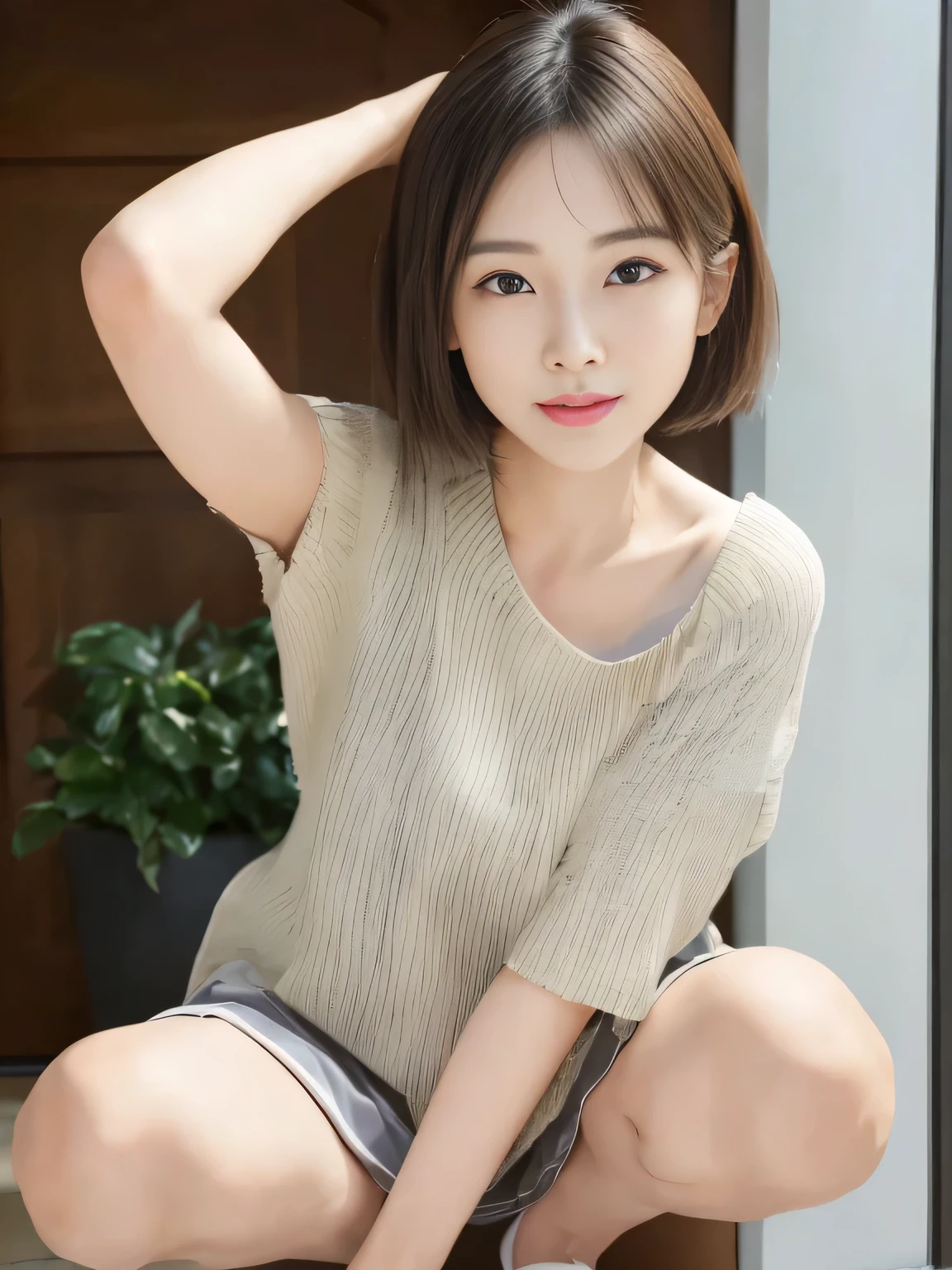 Beautiful 30 year old Japanese woman、Photo from knee to head、Lean forward and place your hands on your knees、Short Bob Cut、Dark brown eyes、Detailed Eyes、Detailed iris、Detailed face、Brown Hair Color、Beautiful Hair、Big smile (Facing the viewer)、Off-the-shoulder T-shirt、Long skirt、High heels makeup、Shooting in front of the door、Portrait、Exquisite details、Depth of written boundary、(Detailed face: 1.2)、(Detailed Eyes: 1.2)、(Detailed background)、(Gradation)、Shiny skin、Sharp focus、8k、uhd、high quality、Exquisite details、Very detailed、Captivating silhouette、(Very beautiful face: 1.2)、Facing the viewer、Mature Woman、Mature Woman、((Center image))、detailed、masterpiece、