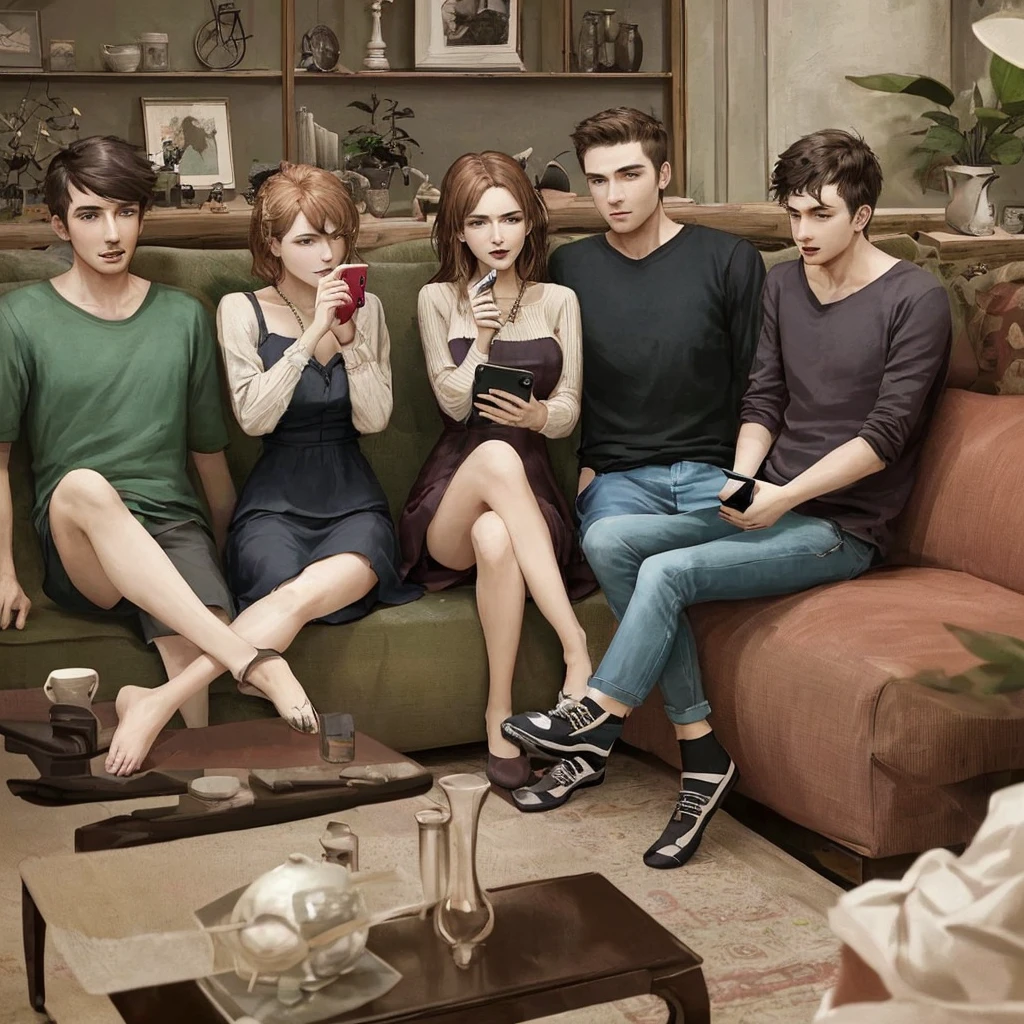 Several men and women, sitting on the sofa, look at their mobile phones. The look of crazy mockery,