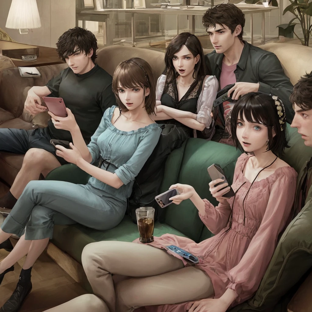 Several men and women, sitting on the sofa, look at their mobile phones. The look of crazy mockery,