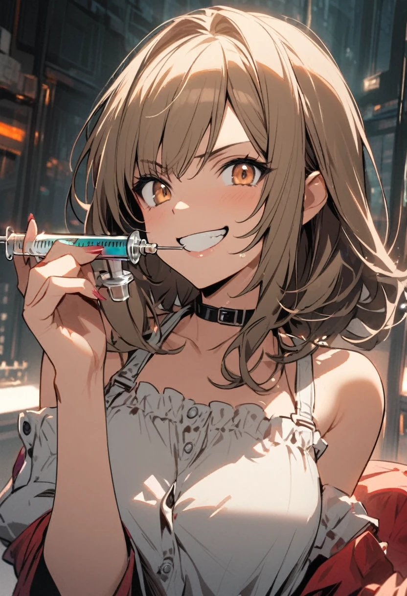Woman with syringe in hand smiling dangerously