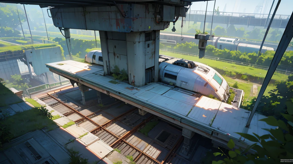 make a scene of an abandoned futuristic railway hall seen from above. the place must be taken over by plants and be futuristic.