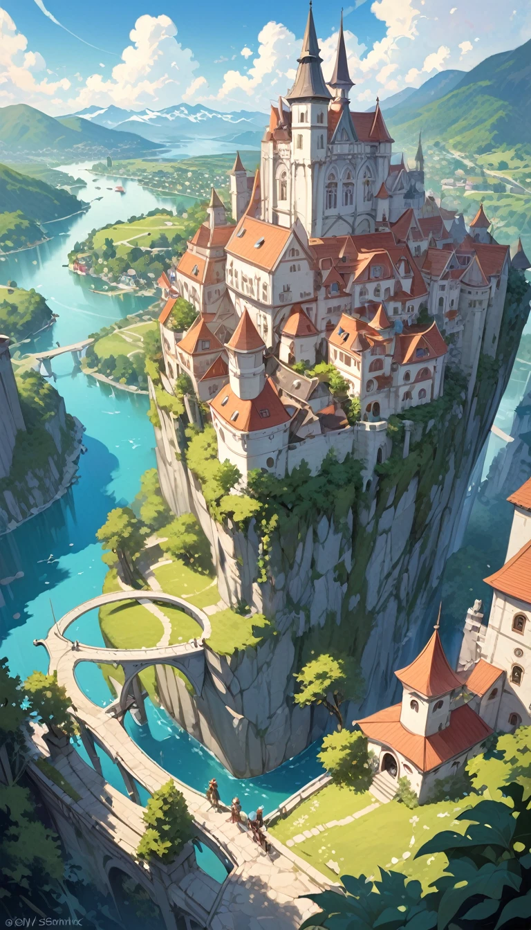 This image represents a beautiful scene from the fantasy world. It is during the day or early afternoon and the atmosphere is calm and great. In the foreground a female character appears sitting with her back to the viewer. She has long red braided hair and wears a plaid miniskirt with stockings and a tank top, very sexy, rope belt. In the background, we see a magnificent city built on a steep mountain or island. The city's architecture is reminiscent of the Middle Ages and the Renaissance, characterized by tall spiers and dense buildings and futuristic elements. High above the city, there are buildings that look like castles and palaces that rise above the rest. Below the city, there are lush green fields and scattered small buildings, which may be farms or towns. The landscape is lush and green with trees surrounding the settlements. Several ships are anchored at the foot of the mountains and islands, suggesting that the city is an important port city. The sky is light blue with very few clouds, indicating that it is daytime or early afternoon. The overall atmosphere is calm and grand, suggesting stories of adventure, exploration, or political intrigue in this fantasy world (art inspired by Bill Sienkiewicz). oil painting)