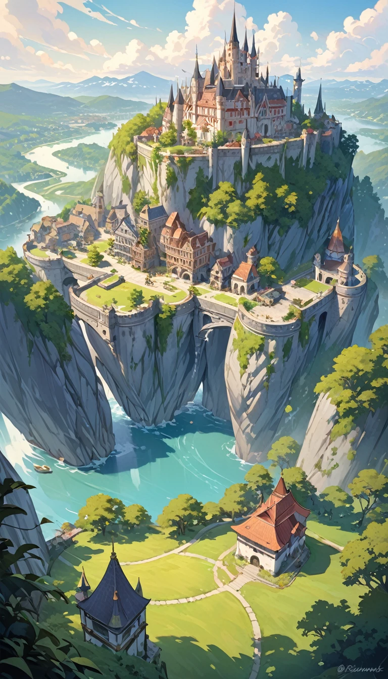 This image represents a beautiful scene from the fantasy world. It is during the day or early afternoon and the atmosphere is calm and great. In the foreground a female character appears sitting with her back to the viewer. She has long red braided hair and wears a plaid miniskirt with stockings and a tank top, very sexy, rope belt. In the background, we see a magnificent city built on a steep mountain or island. The city's architecture is reminiscent of the Middle Ages and the Renaissance, characterized by tall spiers and dense buildings and futuristic elements. High above the city, there are buildings that look like castles and palaces that rise above the rest. Below the city, there are lush green fields and scattered small buildings, which may be farms or towns. The landscape is lush and green with trees surrounding the settlements. Several ships are anchored at the foot of the mountains and islands, suggesting that the city is an important port city. The sky is light blue with very few clouds, indicating that it is daytime or early afternoon. The overall atmosphere is calm and grand, suggesting stories of adventure, exploration, or political intrigue in this fantasy world (art inspired by Bill Sienkiewicz). oil painting)