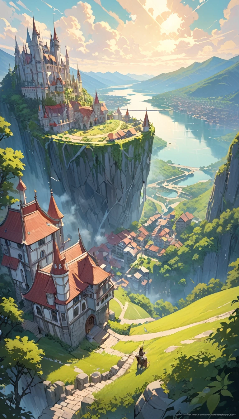 This image represents a beautiful scene from the fantasy world. It is during the day or early afternoon and the atmosphere is calm and great. In the foreground a female character appears sitting with her back to the viewer. She has long red braided hair and wears a plaid miniskirt with stockings and a tank top, very sexy, rope belt. In the background, we see a magnificent city built on a steep mountain or island. The city's architecture is reminiscent of the Middle Ages and the Renaissance, characterized by tall spiers and dense buildings and futuristic elements. High above the city, there are buildings that look like castles and palaces that rise above the rest. Below the city, there are lush green fields and scattered small buildings, which may be farms or towns. The landscape is lush and green with trees surrounding the settlements. Several ships are anchored at the foot of the mountains and islands, suggesting that the city is an important port city. The sky is light blue with very few clouds, indicating that it is daytime or early afternoon. The overall atmosphere is calm and grand, suggesting stories of adventure, exploration, or political intrigue in this fantasy world (art inspired by Bill Sienkiewicz). oil painting)
