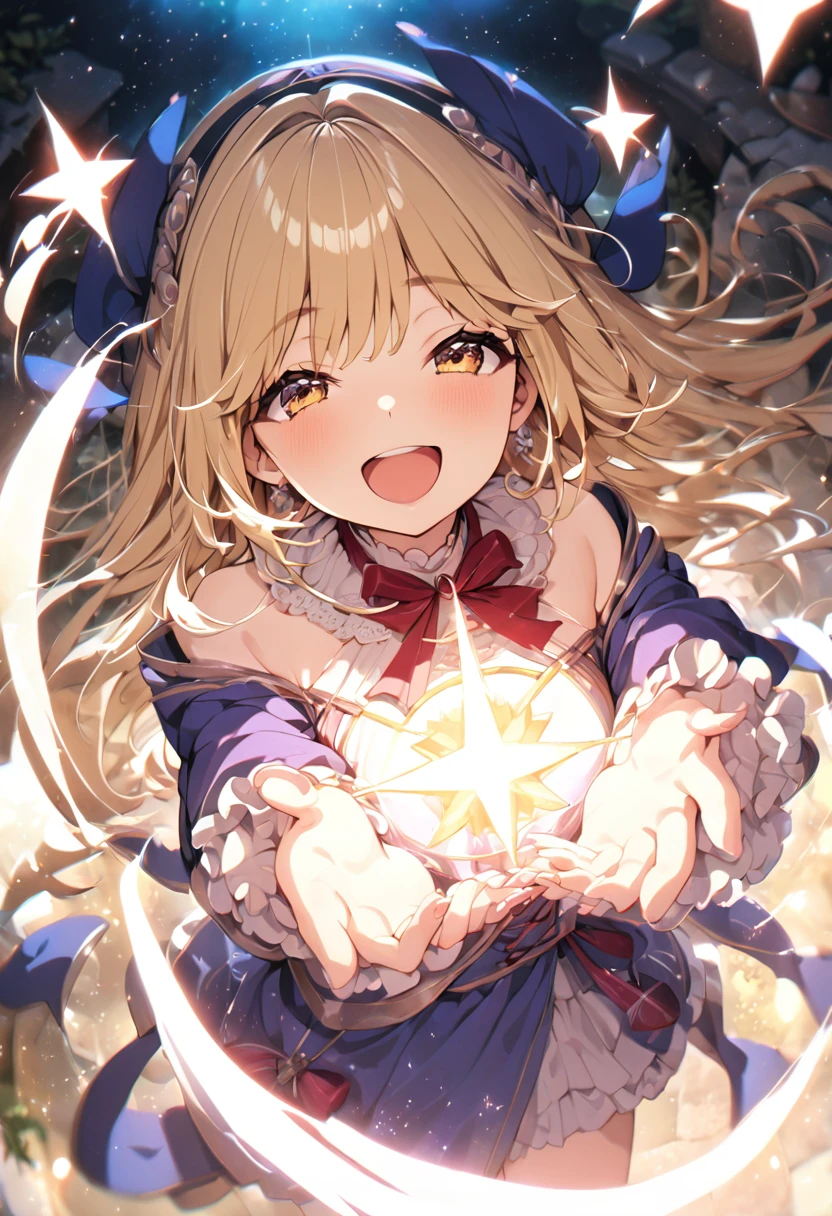 (Masterpiece:1.2), (Best Quality:1.2), Perfect lighting, The dark magician girl (Casting Spells: 1.3), in her 20floating in the air: 1.3), Visible medium breasts, transparent neckline,  SMILE, smiling,laughing. From above, sparkles, (Hands with magical effects: 1.4 )Magic in your hands, Background to the apocalypse、a blonde、Magic at your fingertips