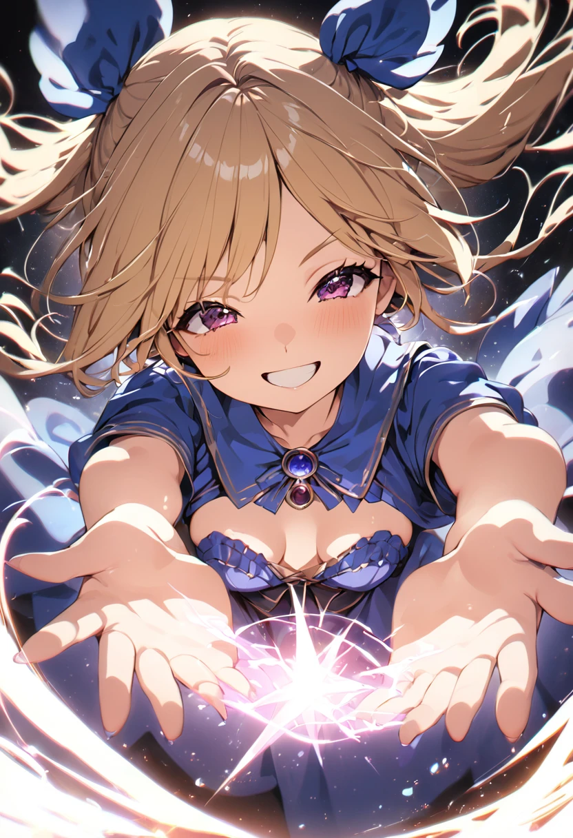 (Masterpiece:1.2), (Best Quality:1.2), Perfect lighting, The dark magician girl (Casting Spells: 1.3), in her 20floating in the air: 1.3), Visible medium breasts, transparent neckline,  SMILE, smiling,laughing. From above, sparkles, (Hands with magical effects: 1.4 )Magic in your hands, Background to the apocalypse、a blonde、Magic at your fingertips