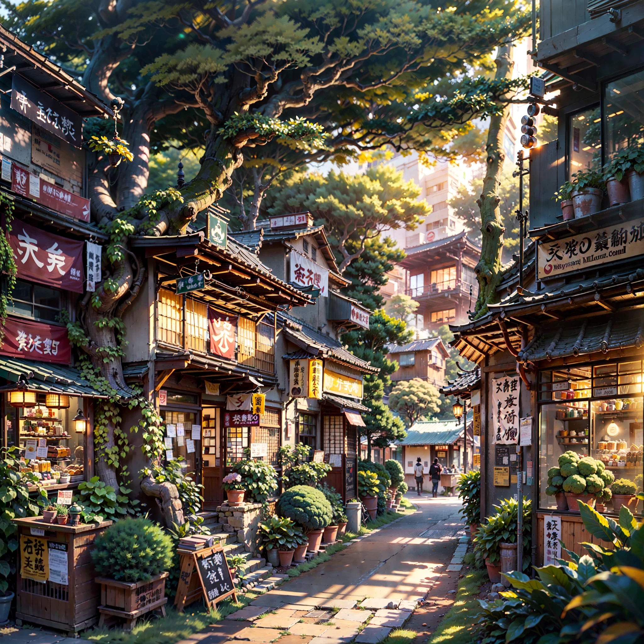 ((best quality)), ((masterpiece)), (detailed), A (compact:1.2) (narrow:1.2) alley stretching from left to right, featuring a (small Japanese coffee shop:1.3). (Overgrown trees:1.2) cover the tops of the buildings, creating a lush canopy. The scene is set at (sunrise:1.2) with (warm, golden lighting:1.3), creating a (vibrant:1.5) atmosphere. (Japanese banners and signs:1.3) adorn the shop, adding cultural detail. The alley is devoid of people, maintaining a (serene and peaceful:1.3) ambiance. The scene is rendered in (beautiful anime scenery:1.5) style, with (detailed:1.4) and (concept art-level intricacy:1.3), evoking a (Tokyo-esque:1.2) vibe. (No one:1.6) in sight.
