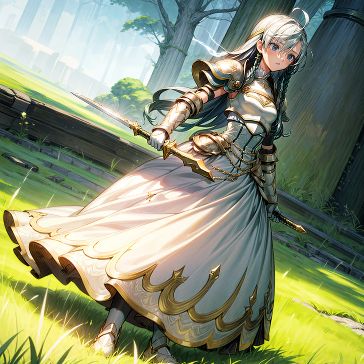 1girl, Full body version, 1character,  version, blue eyes color, long haircut, white colour hair, formal style clothing, long dress, medieval gold armour, one gold sword in hand, Grassroots, background in green field, motion blur, battle gesture, lighting sword, smoke, fire lighting, fire, masterpiece, (Hunter x Hunter style art)