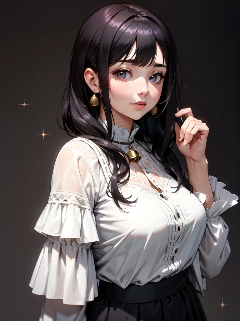 (((Portrait Photo))), She has a Calm and Youthful 15-Year-Old Appearance, with a Strong, Chubby Build, Thick Breasts, and a Gentle Demeanor. She has Short, Black and Tousled Hair, with Messy Strands Framing Her Face. Her Light Gray Eyes Sparkle with Warmth and Kindness, Exuding a Friendly Attitude. She is Dessed a Boho-chic Look with a Lace-trimmed Maxi Skirt, a Lightweight Blouse with Bell Sleeves, Finished with a Layered Jewelry. (((High Quality, Dark Background))), (((Portrait Photo)))