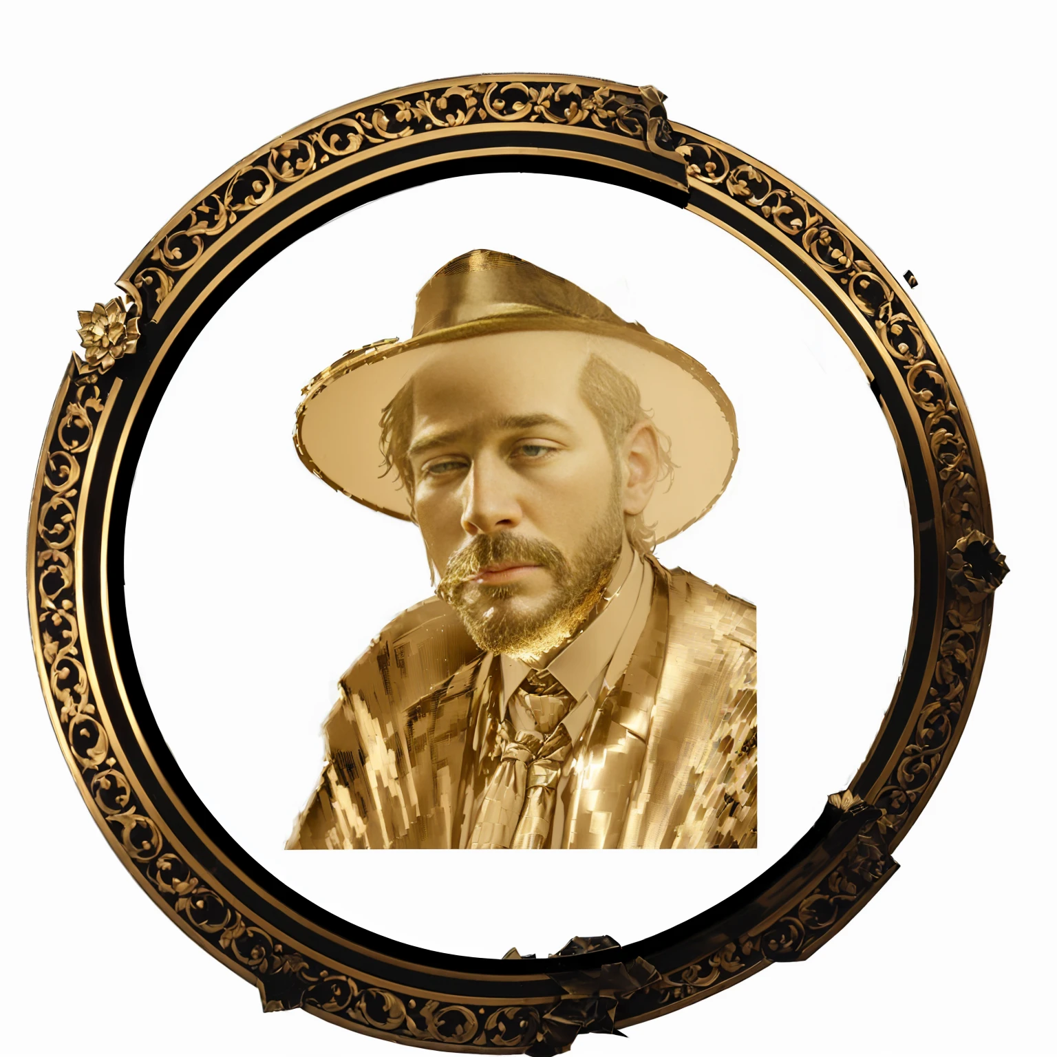 blurred image of a man in a hat and tie, gold framed, Geezer, on a reflective gold plate, detailed portrayal, smoky, collodion photographyy, collodion photography, artwork by Pedro Bell, cigar, ultra detailed portrayal, stylized portrait h 0, portrait with central frame, inspired by Oscar Rodríguez Naranjo