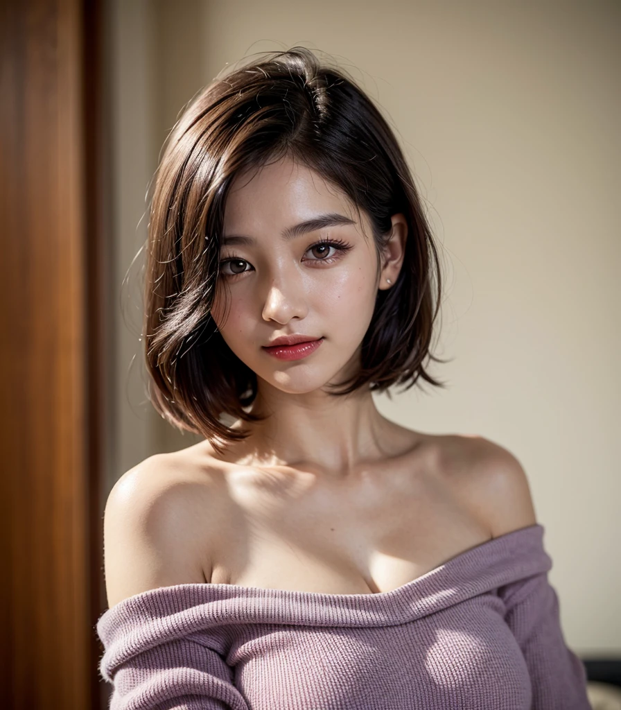 1 girl, 19 years old, south korean, 4k, masterpiece, realistic, realistic textures, frekles under eyes, short whavy black hair, bob haircut, shining purple eyes, detailed pupils, bright red lips, red eyeliners, off-shoulder top, discovered breast, gigant breast, happy, big smile, closed mouth, shrugging shoulders, multiple of frekles under eyes, detailed face, detailed eyes, facing camera, bright colors, close up, face focus.