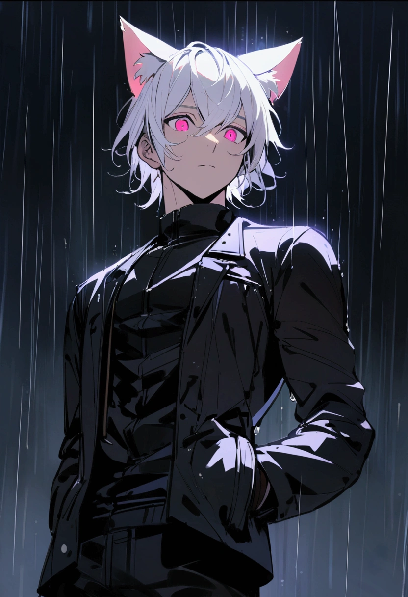 1 men, short white hair, pink eyes, Kitten ears, Wearing a black casual outfit, wearing gloves, slightly muscular body, at night, raining, front view, on a plain , Hand in pockets, 4K, bright coloured, tall quality, close up no rosto, pretty detailed eyes, well-detailed face