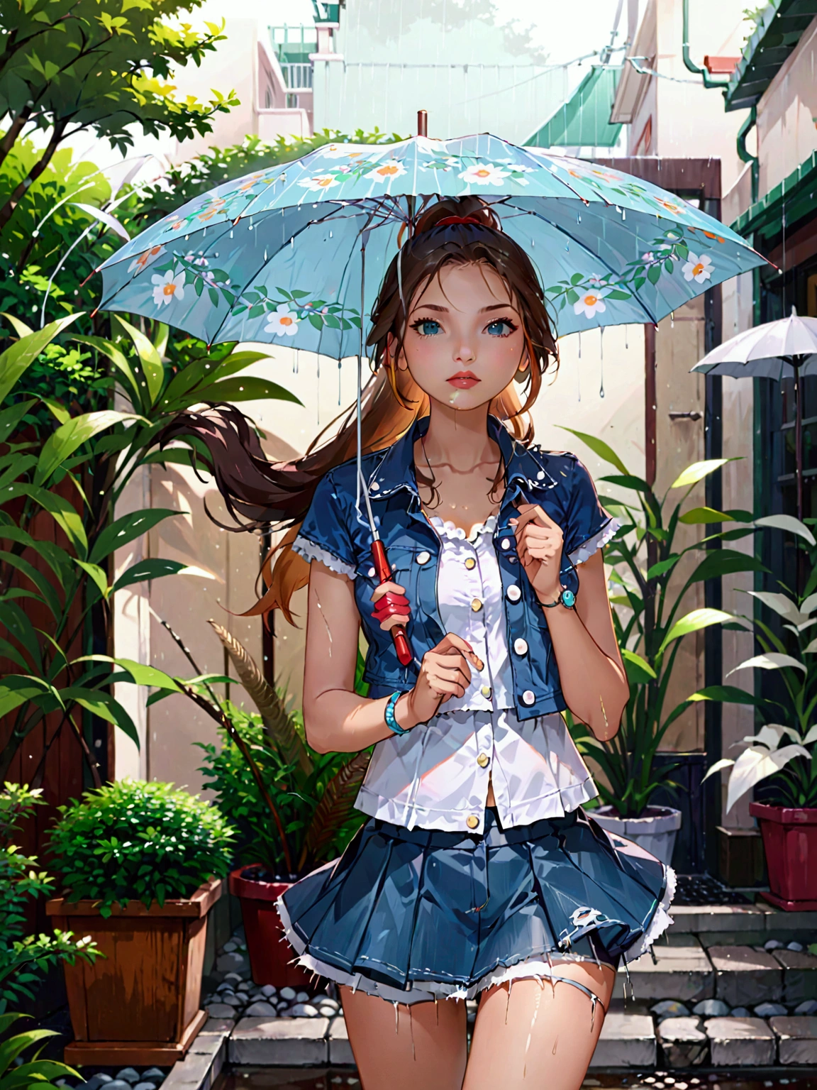 a young beautiful woman holding an umbrella, anime style, beautiful detailed eyes, beautiful detailed lips, extremely detailed face, longeyelashes, 1girl, solo, full body, low ponytail haircut, garden, rainy day, vivid colors, (masterpiece, best quality)