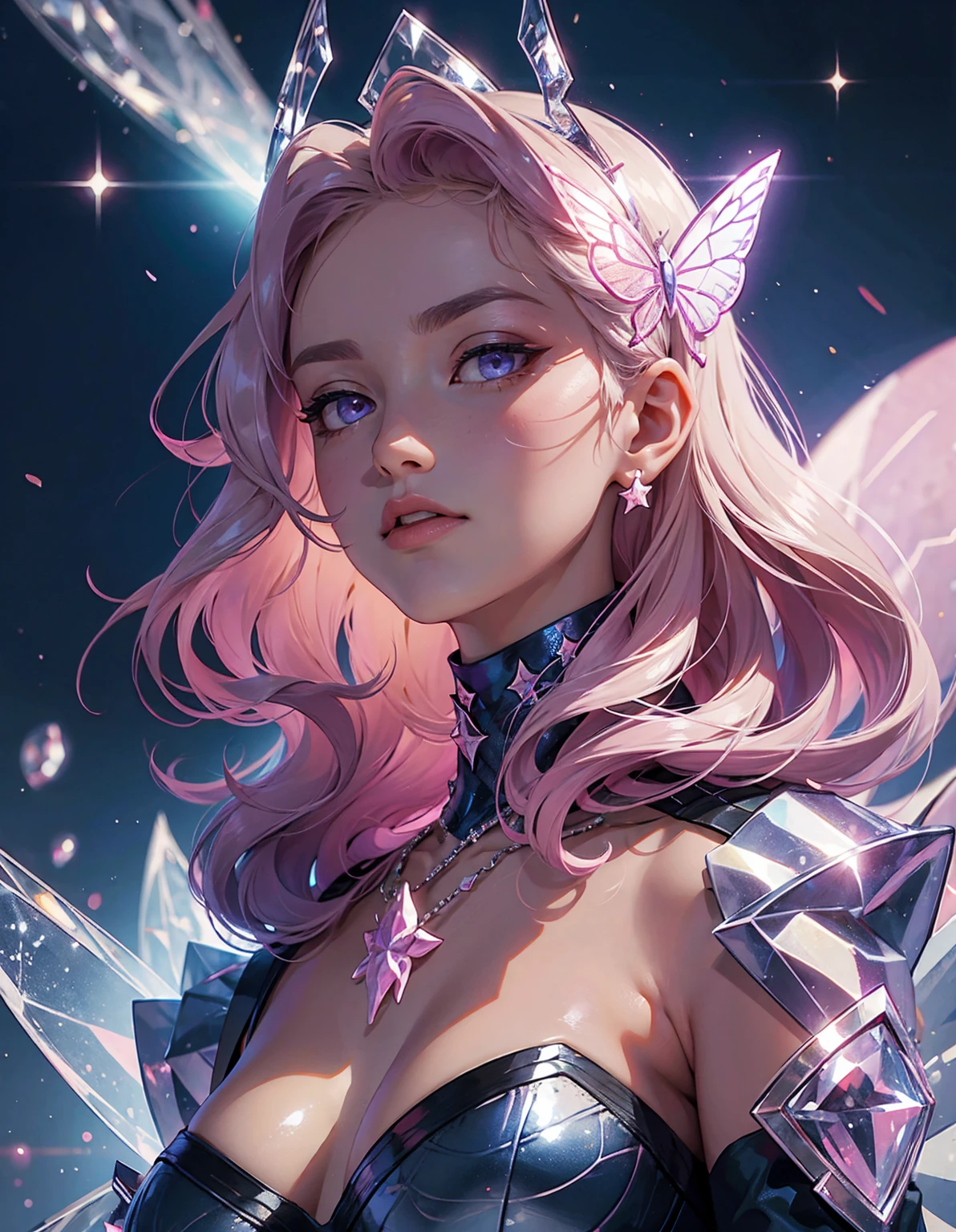 Near viewing, MASTERPIECE, HIGH QUALITY, 8k, Beautiful, Mesmerising, fluffy hair, Detailed Eyes, Pink eyes, starrystarscloudcolorful, add_detail:1, add_detail:0, add_detail:0.5, starlight, star, Rainbow colours, A lot of colours, Surprised, astonished, surprised, surprise, SURPRISE, butterfly style