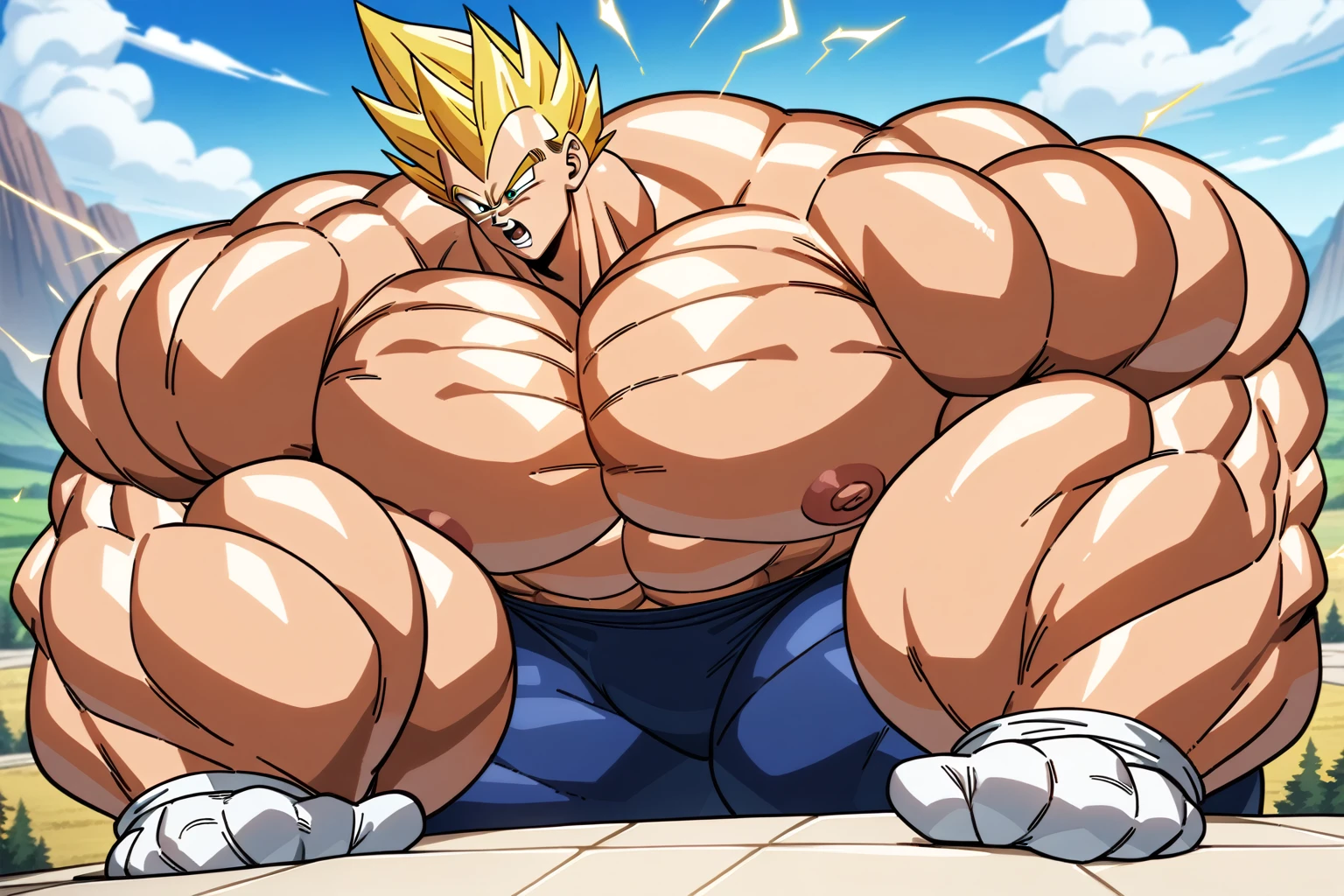 1boy, Vegeta, from Dragon Ball Z, masterpiece, best quality, very aesthetic, absurdres, saiyan, green eyes, spiked hair, (yellow hair:1.5), shirtless, blue skintight pants, white gloves, (huge muscles:2.5), dragonballartstyle, in the style of Akira Toriyama, white tiled floor, outdoors, flat-top mountains, nipples, yellow aura, electricity