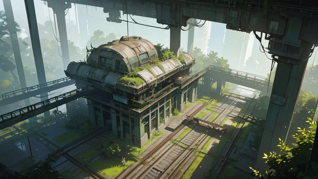 a large abandoned futuristic railway station hall, overgrown with plants, seen from above, detailed machinery, abandoned technology, futuristic architecture, moody lighting, lush vegetation, nature reclaiming the space, intricate details, atmospheric, cinematic, muted colors, high contrast, photorealistic, 8k, best quality, masterpiece