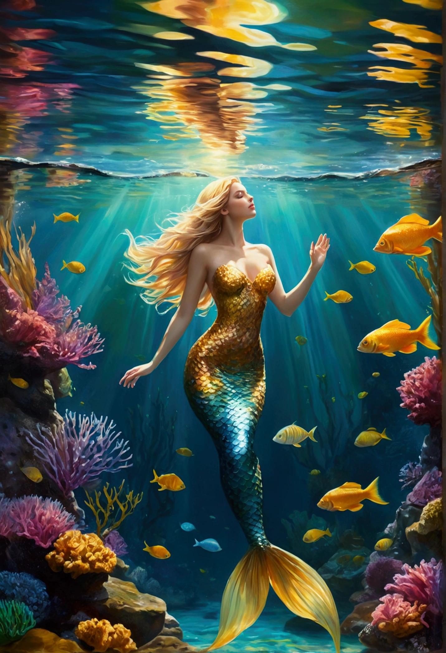 Oil painting, impressionism. Long shot, a Mermaid (full body) swims in the water. her form reflects below the surface of the water. Golden rays of the Sun illuminate the seabed. Digitally illustrated, beautiful long blonde hair and angelic face, 16k, extremely high quality rendering, amazing realism, bokeh, very detailed, detailed background with colorful corals & exotic fish, blooming algae and air bubbles reflecting all colors.