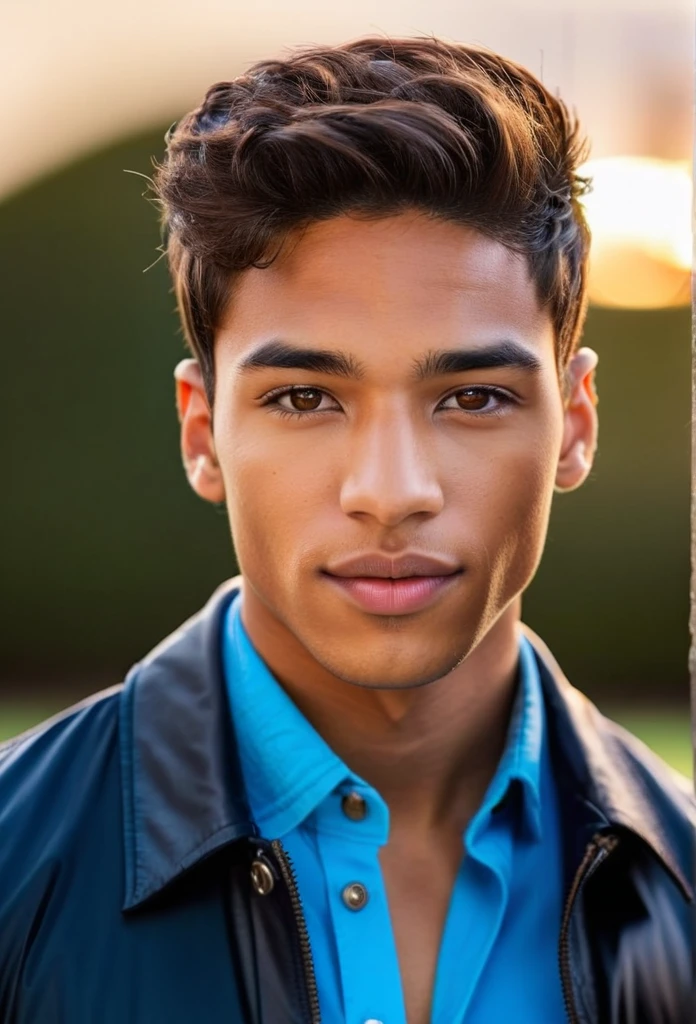 mixed race man, clear skin,  clear brown eyes,handsome, high quality, with short hair, wearing a blue shirt with long sleeves and a black jacket 