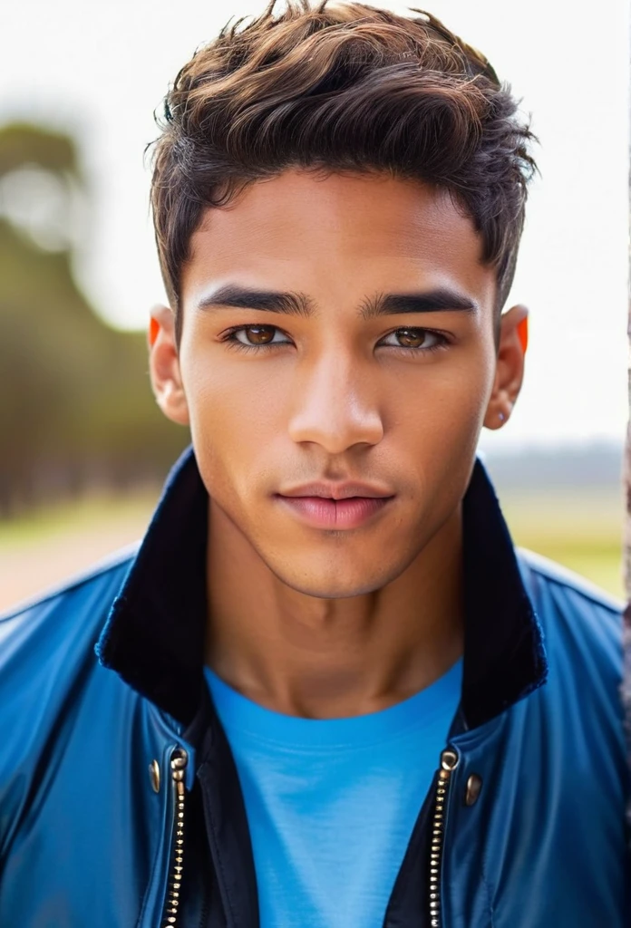 mixed race man, clear skin, clear brown eyes,handsome, high quality, with short hair, wearing a blue shirt with long sleeves and a black jacket