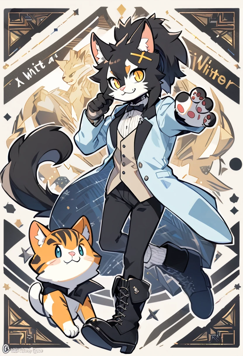 Solo female,Furry,Tuxedo cat,Yellow eyes,black long hair,A spiky ponytail,A light blue winter jacket,Black originals with a white "X" on it,A light brown shirt,Black boots white socks