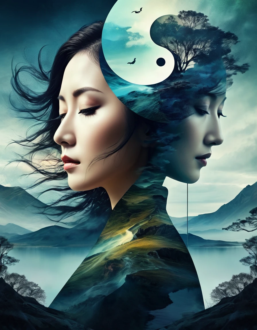 (the depressive symphony, the music of Northern wind lady portrait, double exposure, detailed surreal otherworldly landscape, horror, loneliness, abstract expressionism, surrealism, two parts in one art, Yin Yang panels), detailed textures, high quality, high resolution, high precision, realism, color correction, proper lighting settings, harmonious composition, Behance works