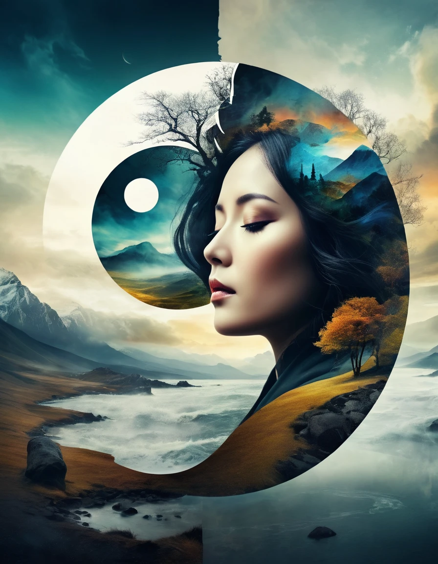 (the depressive symphony, the music of Northern wind lady portrait, double exposure, detailed surreal otherworldly landscape, horror, loneliness, abstract expressionism, surrealism, two parts in one art, Yin Yang panels), detailed textures, high quality, high resolution, high precision, realism, color correction, proper lighting settings, harmonious composition, Behance works