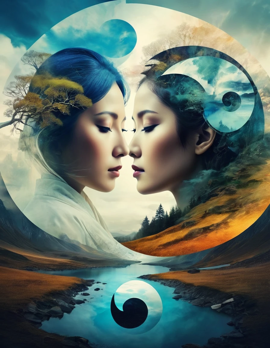 (the depressive symphony, the music of Northern wind lady portrait, double exposure, detailed surreal otherworldly landscape, horror, loneliness, abstract expressionism, surrealism, two parts in one art, Yin Yang panels), detailed textures, high quality, high resolution, high precision, realism, color correction, proper lighting settings, harmonious composition, Behance works