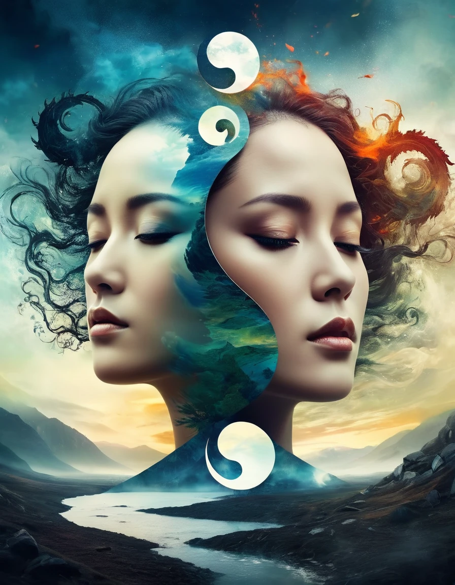 (the depressive symphony, the music of Northern wind lady portrait, double exposure, detailed surreal otherworldly landscape, horror, loneliness, abstract expressionism, surrealism, two parts in one art, Yin Yang panels), detailed textures, high quality, high resolution, high precision, realism, color correction, proper lighting settings, harmonious composition, Behance works