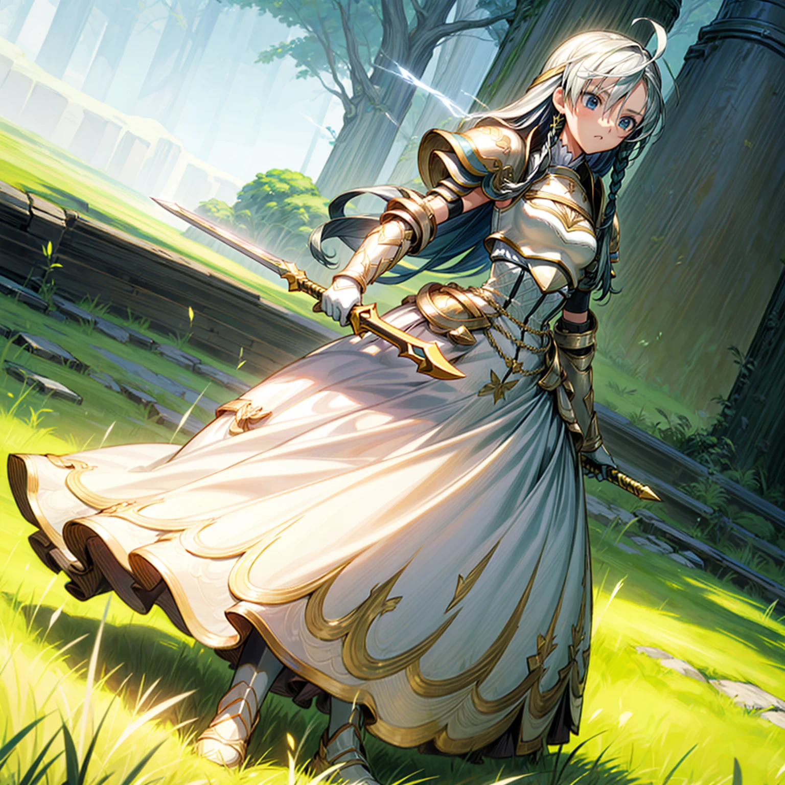 1girl, Full body version, 1character, children version, blue eyes color, long haircut, white colour hair, formal style clothing, long dress, medieval gold armour, one gold sword in hand, Grassroots, background in green field, motion blur, battle gesture, lighting sword, smoke, fire lighting, fire, masterpiece, (Hunter x Hunter style art)