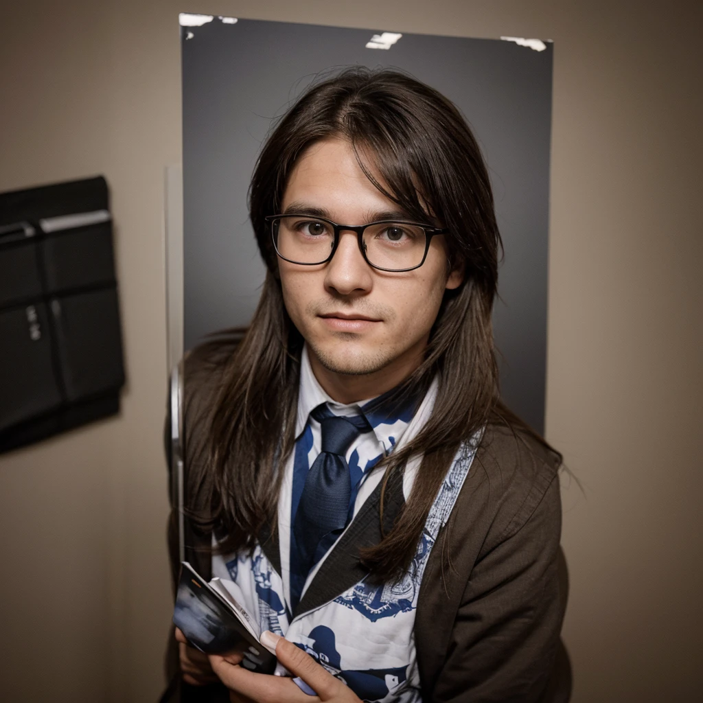 A photo of a 30 year old man who is wearing glasses. Yearbook photo style