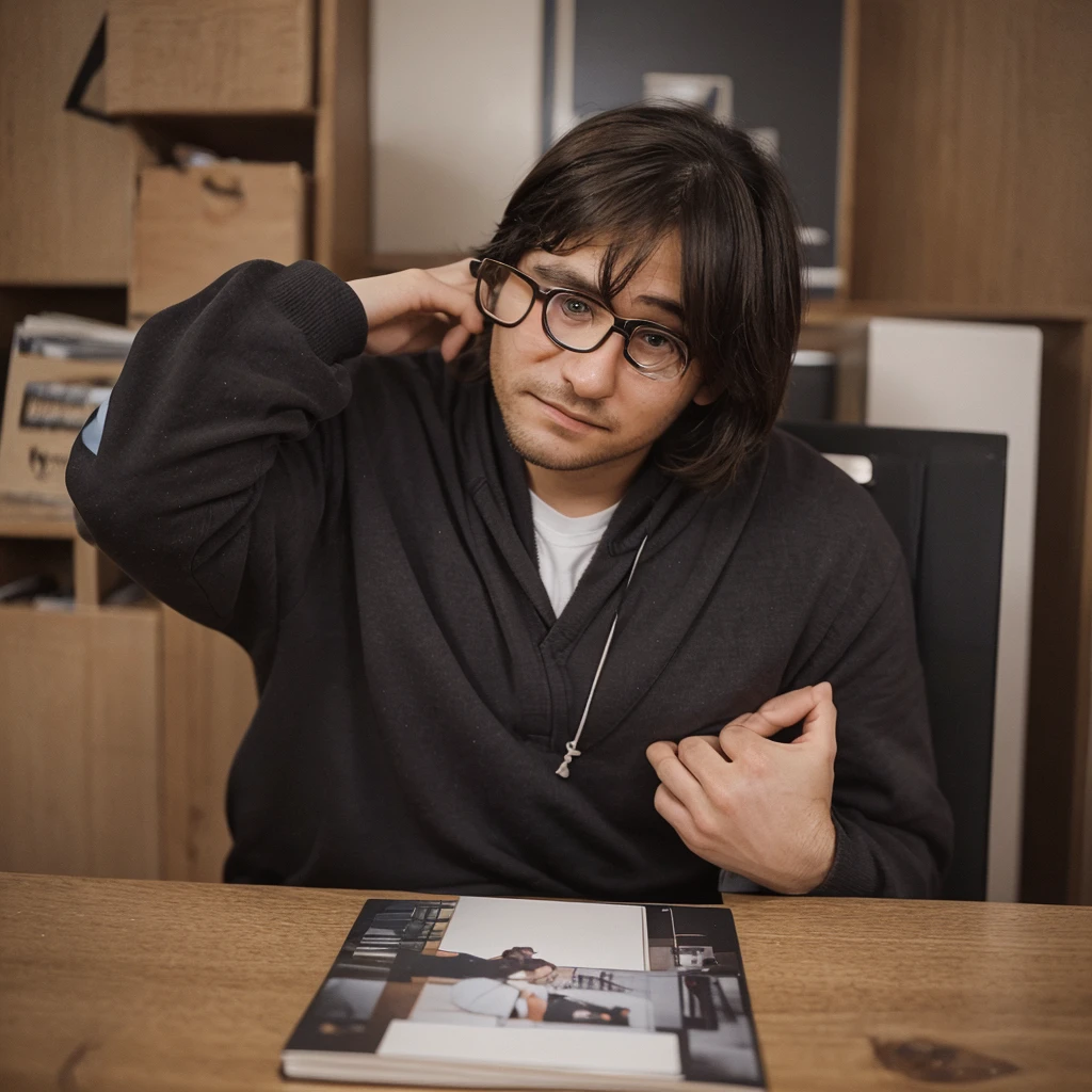 A photo of a 30 year old man who is wearing glasses. Yearbook photo style