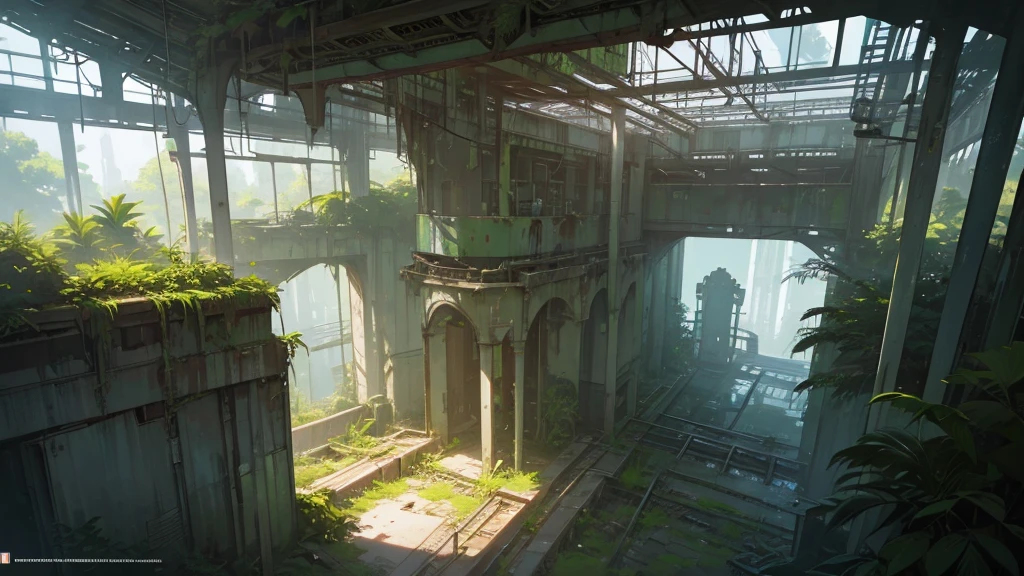 a large abandoned futuristic railway station hall, overgrown with plants, seen from above, detailed machinery, abandoned technology, futuristic architecture, moody lighting, lush vegetation, nature reclaiming the space, intricate details, atmospheric, cinematic, muted colors, high contrast, photorealistic, 8k, best quality, masterpiece