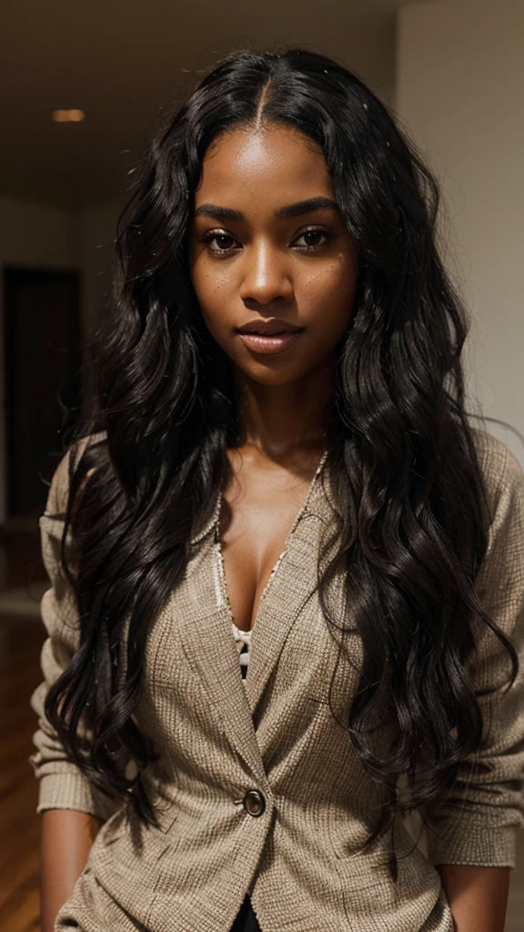 a beautiful black woman, long wavy curly black hair, neutral background, detailed facial features, intricate hairstyle, glowing skin, warm skin tone, elegant expression, serene atmosphere, soft lighting, photorealistic, high quality, hyper detailed, 8k, masterpiece, in a suit 