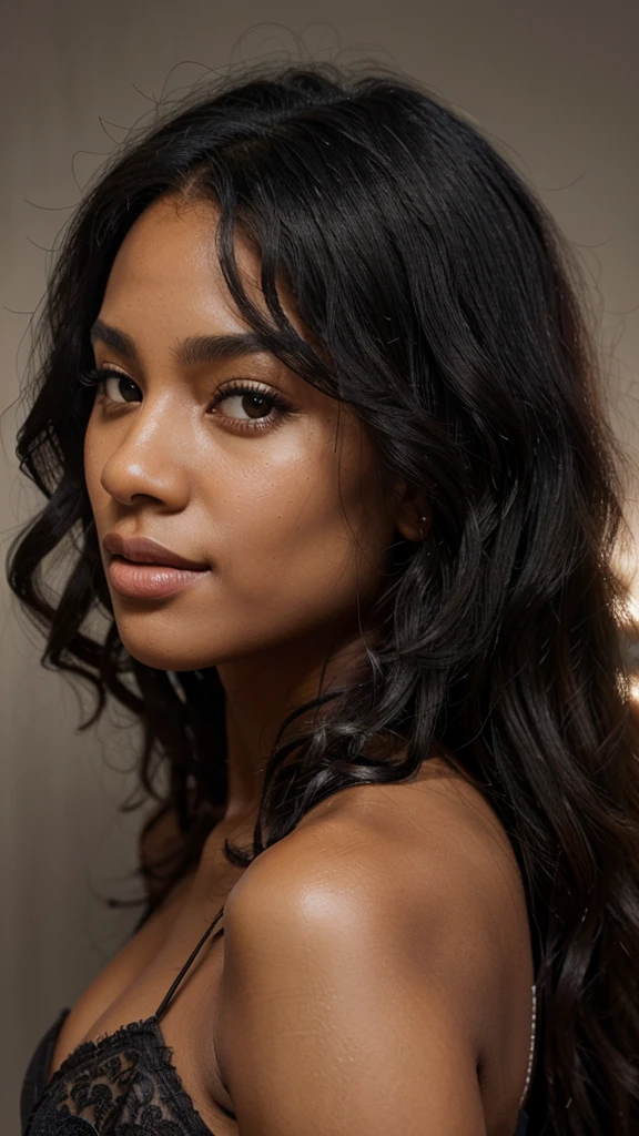 a beautiful black woman, long wavy curly black hair, neutral background, detailed facial features, intricate hairstyle, glowing skin, warm skin tone, elegant expression, serene atmosphere, soft lighting, photorealistic, high quality, hyper detailed, 8k, masterpiece, in a suit