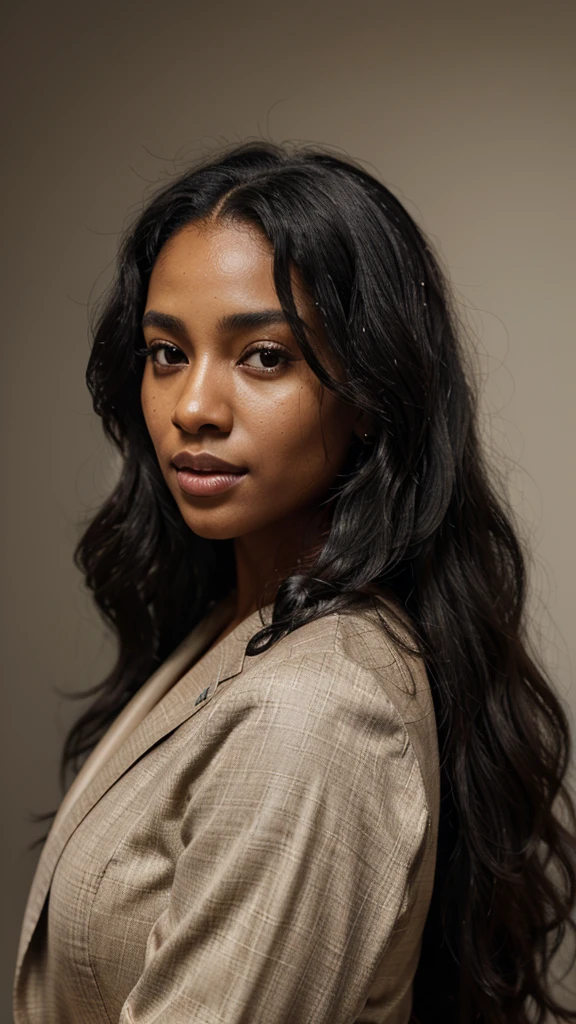 a beautiful black woman, long wavy curly black hair, neutral background, detailed facial features, intricate hairstyle, glowing skin, warm skin tone, elegant expression, serene atmosphere, soft lighting, photorealistic, high quality, hyper detailed, 8k, masterpiece, in a suit 