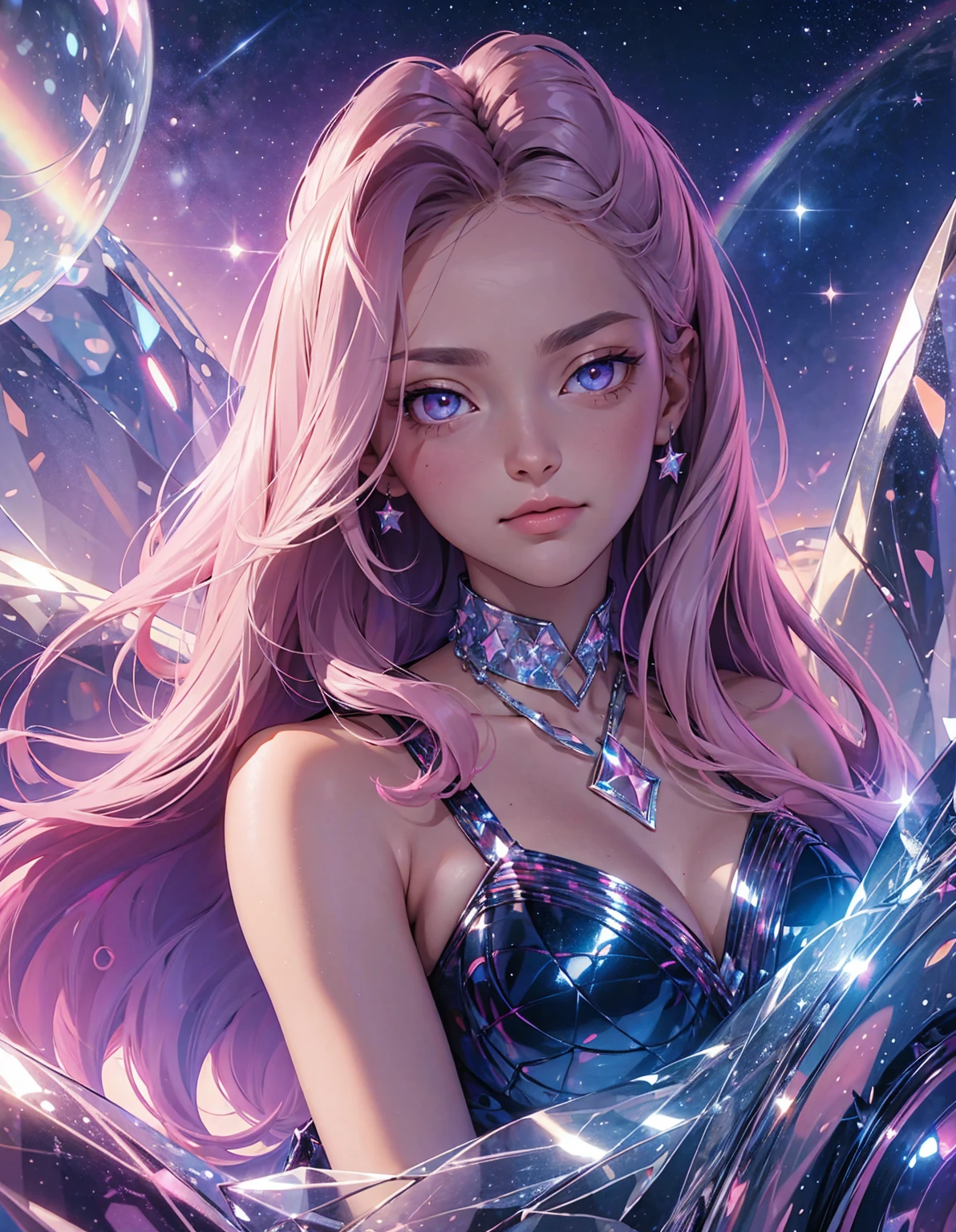 Near viewing, MASTERPIECE, HIGH QUALITY, 8k, Beautiful, Mesmerising, fluffy hair, Detailed Eyes, Pink eyes, starrystarscloudcolorful, add_detail:1, add_detail:0, add_detail:0.5, starlight, star, Rainbow colours, A lot of colours