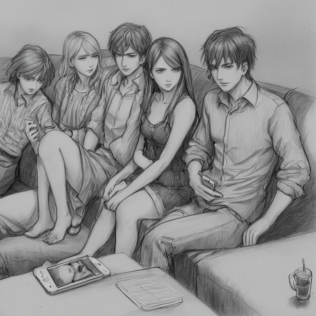 Several men and women, sitting on the sofa, look at their mobile phones. The look of crazy mockery, pencil sketch