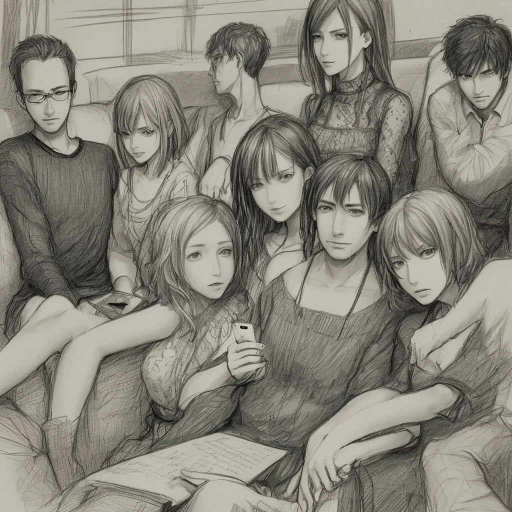 Several men and women, sitting on the sofa, look at their mobile phones. The look of crazy mockery, pencil sketch
