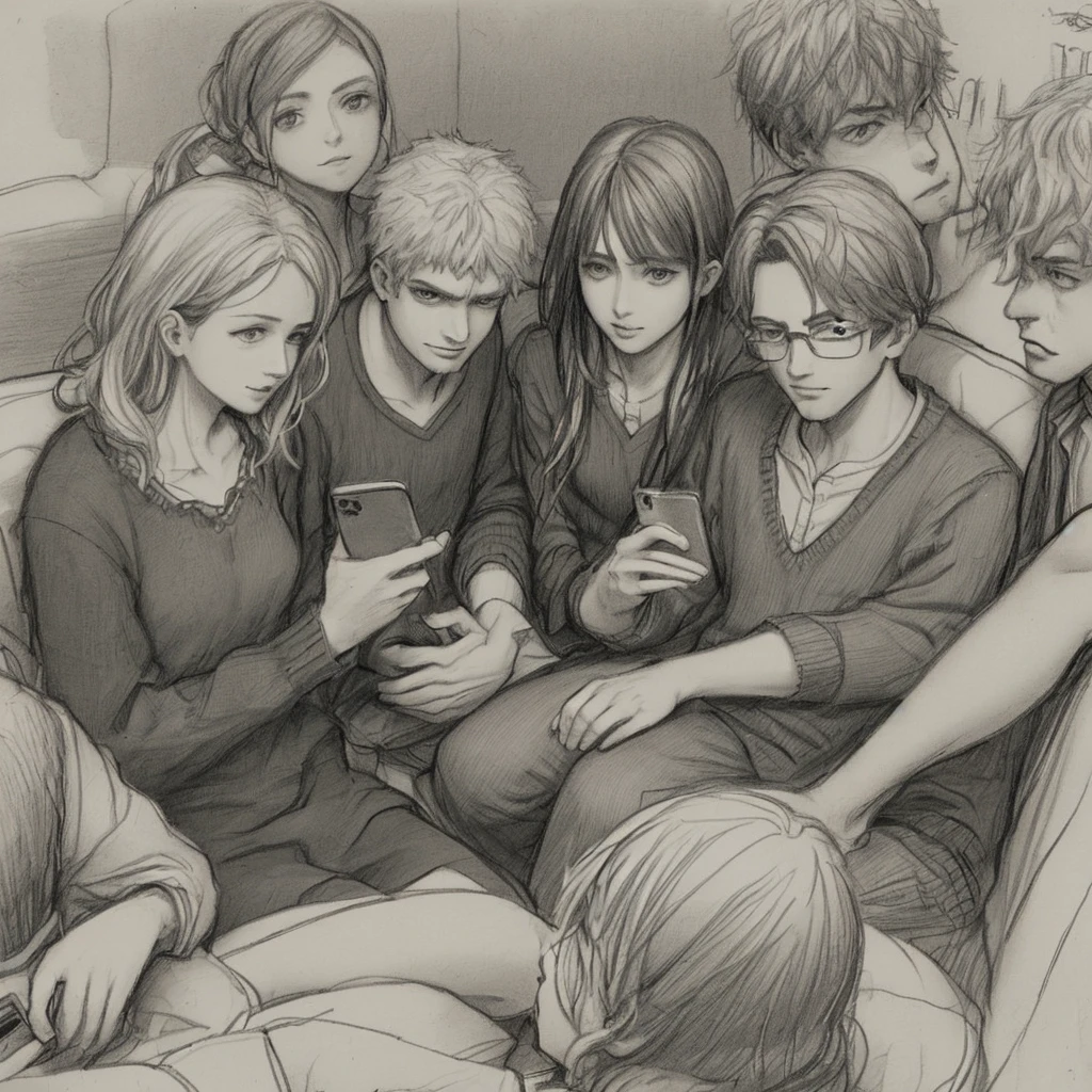 Several men and women, sitting on the sofa, look at their mobile phones. The look of crazy mockery, pencil sketch