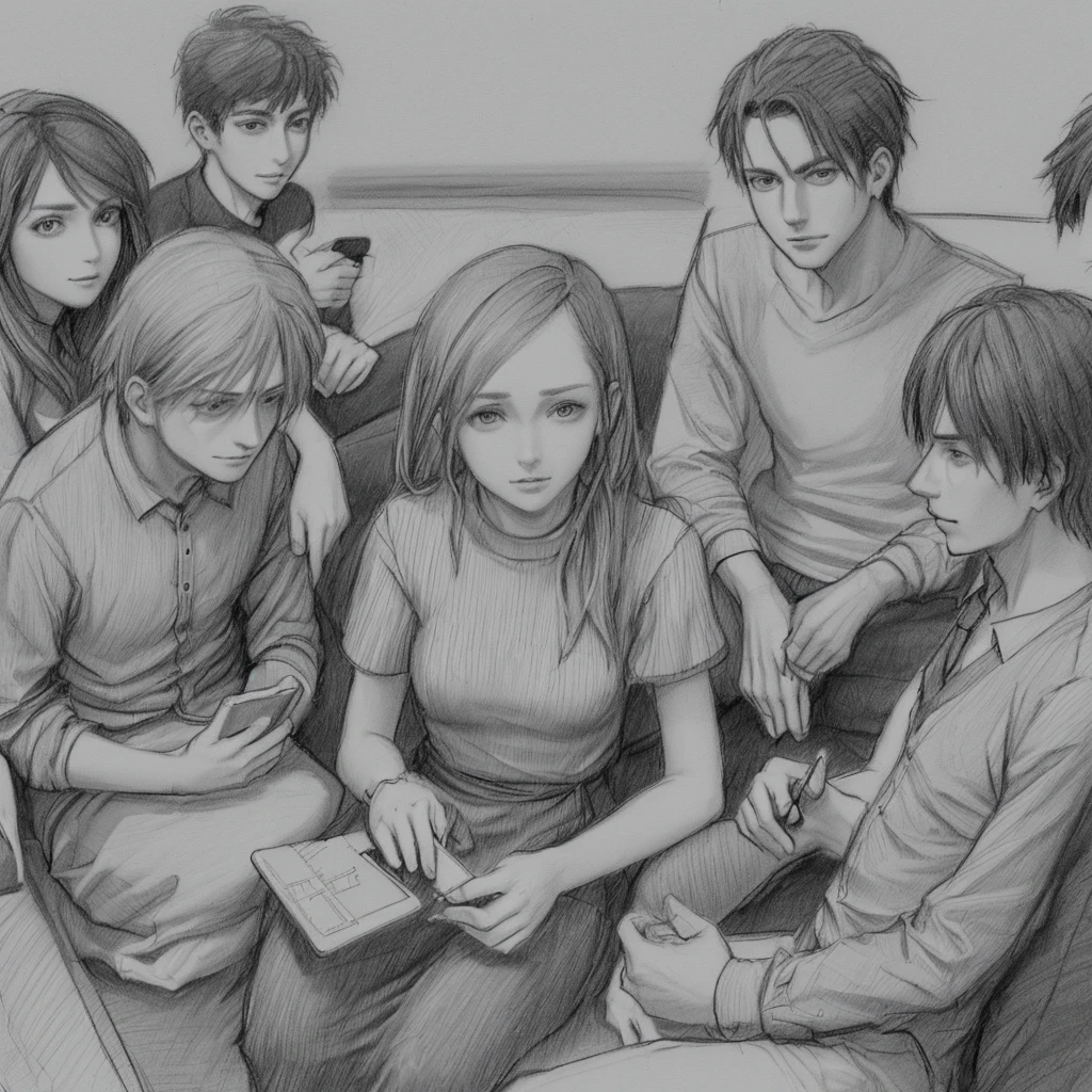 Several men and women, sitting on the sofa, look at their mobile phones. The look of crazy mockery, pencil sketch