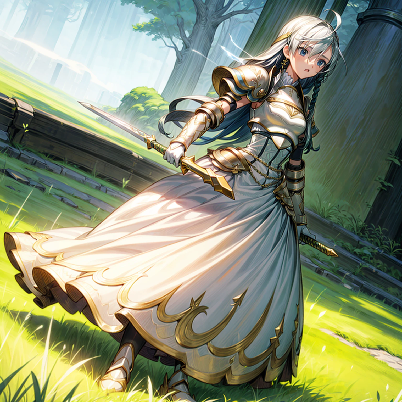 1girl, Full body version, 1character, children version, blue eyes color, long haircut, white colour hair, formal style clothing, long dress, medieval gold armour, one gold sword in hand, Grassroots, background in green field, motion blur, battle gesture, lighting sword, smoke, fire lighting, fire, masterpiece, (Hunter x Hunter style art)