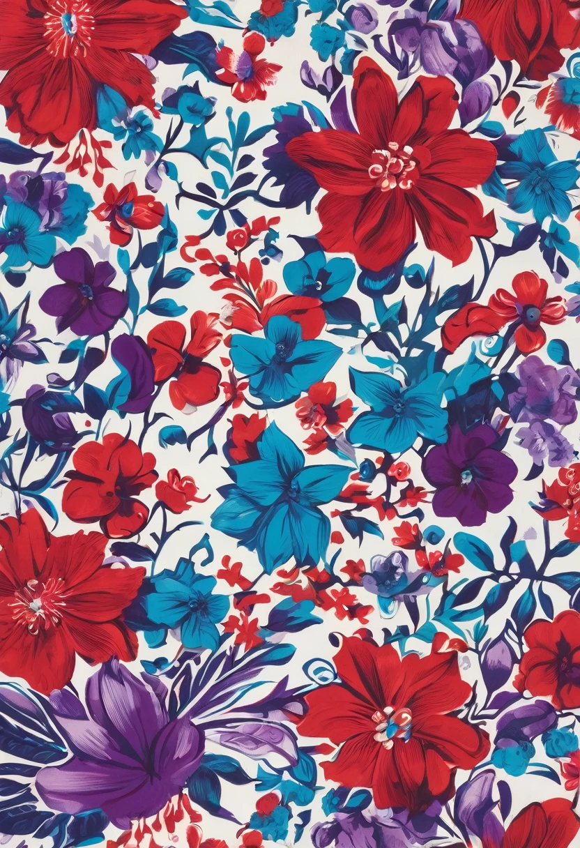 Floral print for shirt, red purple blue