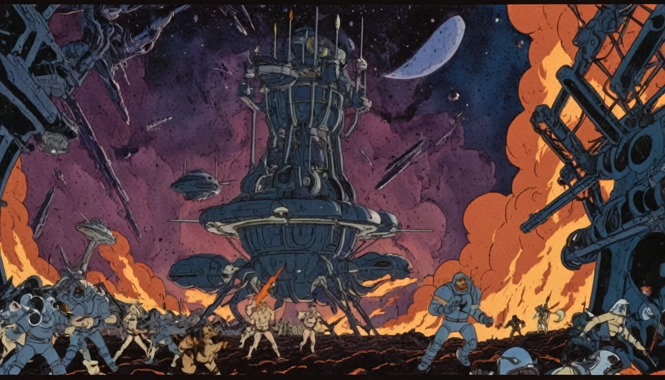 Flat 2D Art,simple flat color,2-dimensional,heavymetalstyle,Flat 2D Art Style, in (medium full shot:3.1) of lot of characters from (metal hurlant magazine:3.1), inspired by style of style of Duncan Fegredo and Binkley art, barbarian warriors in battles against space creatures, monsters, daemons, aliens, mutant, with explosions, smoke and fire, A view of distant space stations, with their intricate structures floating in zero gravity:1.1),