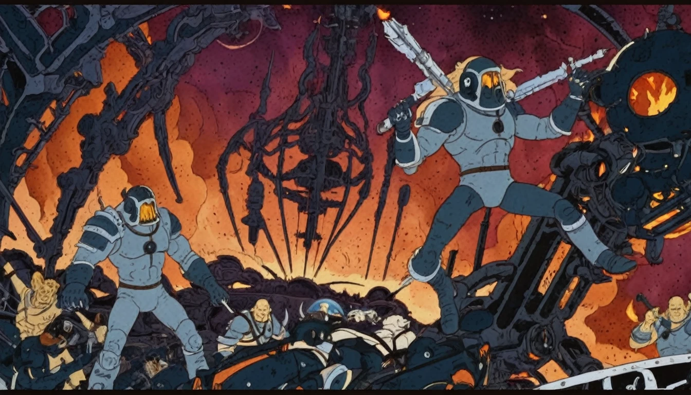 Flat 2D Art,simple flat color,2-dimensional,heavymetalstyle,Flat 2D Art Style, in (medium full shot:3.1) of lot of characters from (metal hurlant magazine:3.1), inspired by style of style of Duncan Fegredo and Binkley art, barbarian warriors in battles against space creatures, monsters, daemons, aliens, mutant, with explosions, smoke and fire, A view of distant space stations, with their intricate structures floating in zero gravity:1.1),