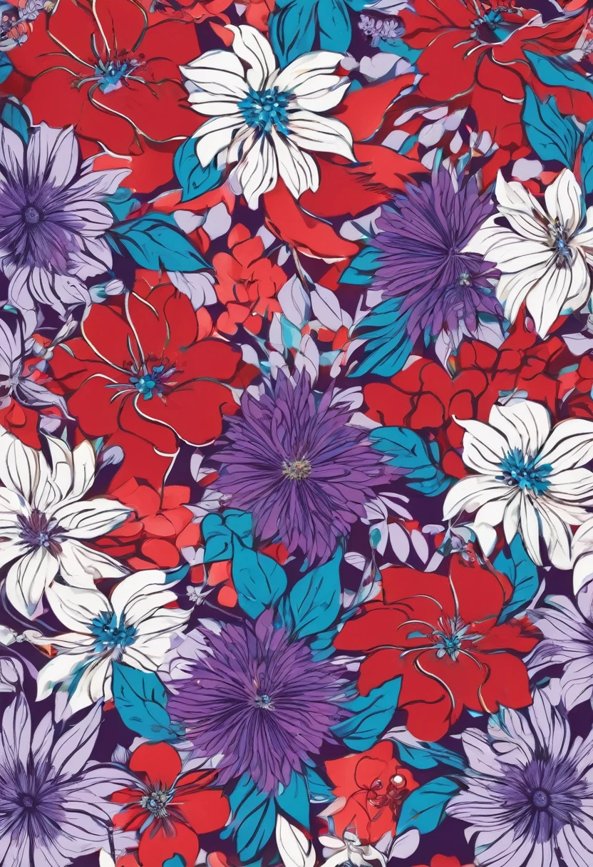 Floral print for shirt, red purple blue